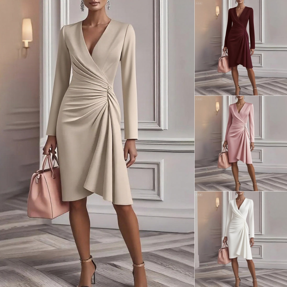 Kleid Damen beige figurbetont mit V-Ausschnitt und langen Ärmeln - 2 - Atelier-Zofia
