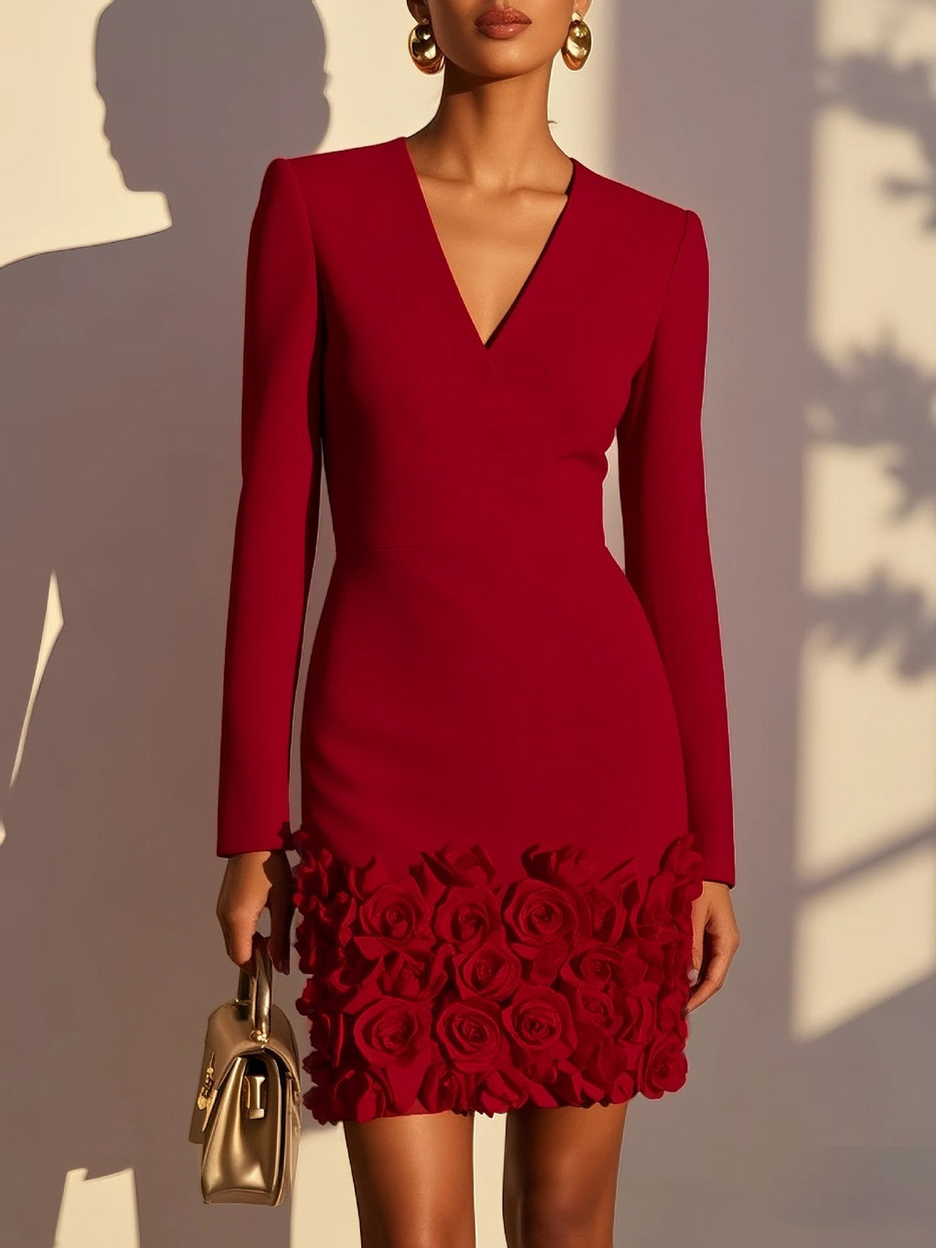 Kleid Damen rosa figurbetont mit V-Ausschnitt und Blumenapplikationen - 8 - Atelier-Zofia