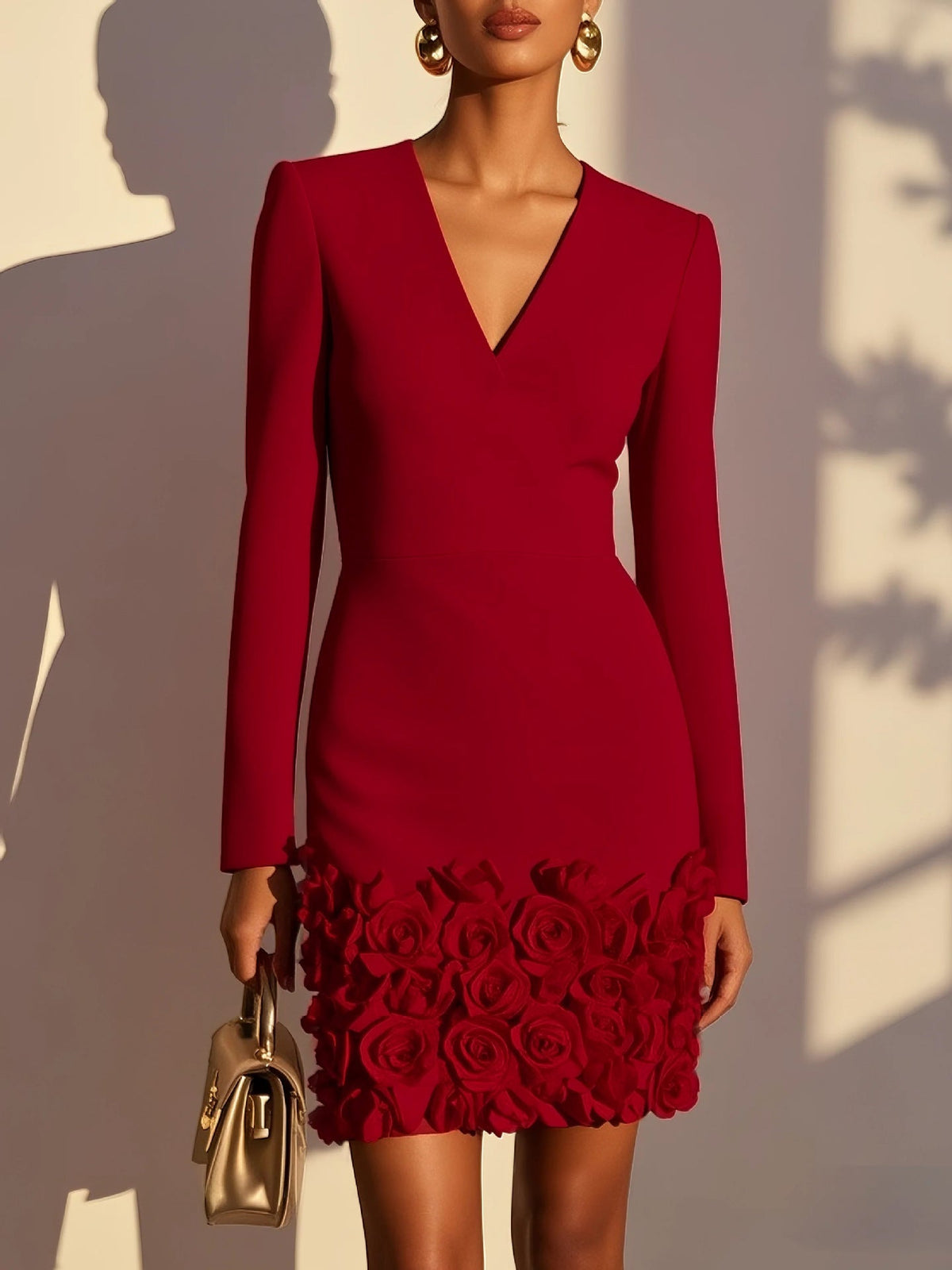 Kleid Damen rosa figurbetont mit V-Ausschnitt und Blumenapplikationen - 8 - Atelier-Zofia