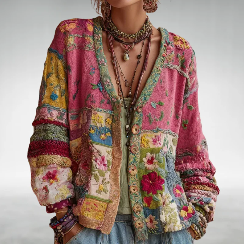 Cardigan Damen bunt lässig mit Knopfleiste und Blumenmuster - 1 - Atelier-Zofia