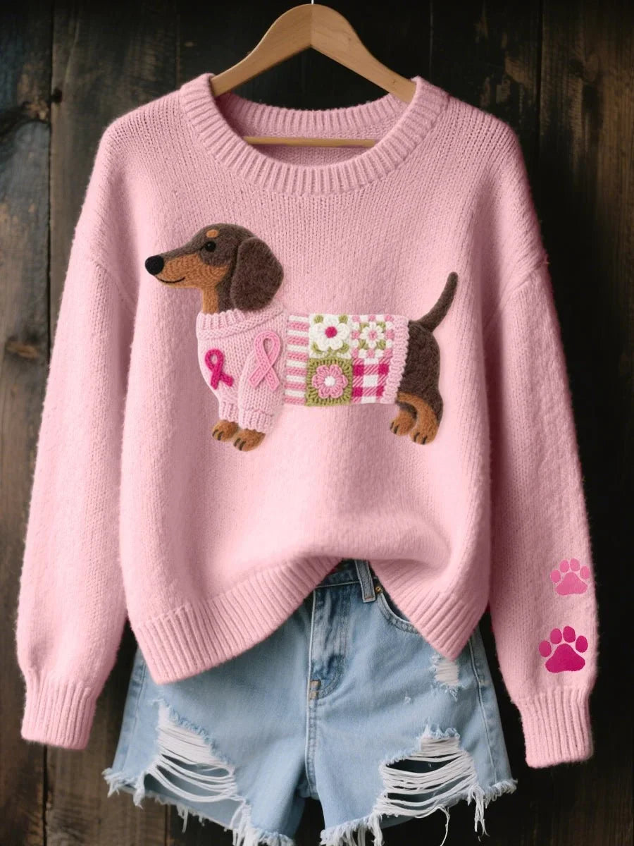 Pullover Damen pink figurbetont mit Dackel-Design - 1 - Atelier-Zofia