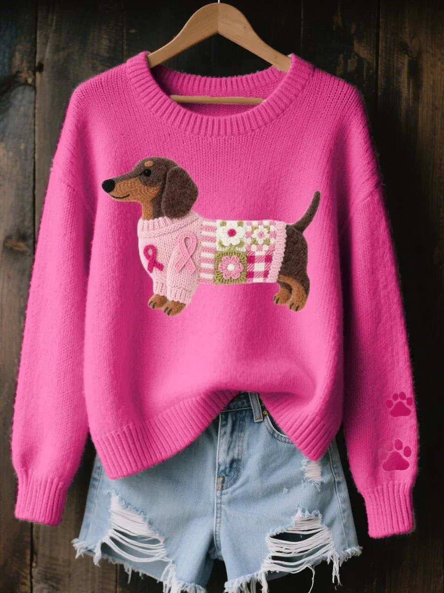 Pullover Damen pink figurbetont mit Dackel-Design - 2 - Atelier-Zofia