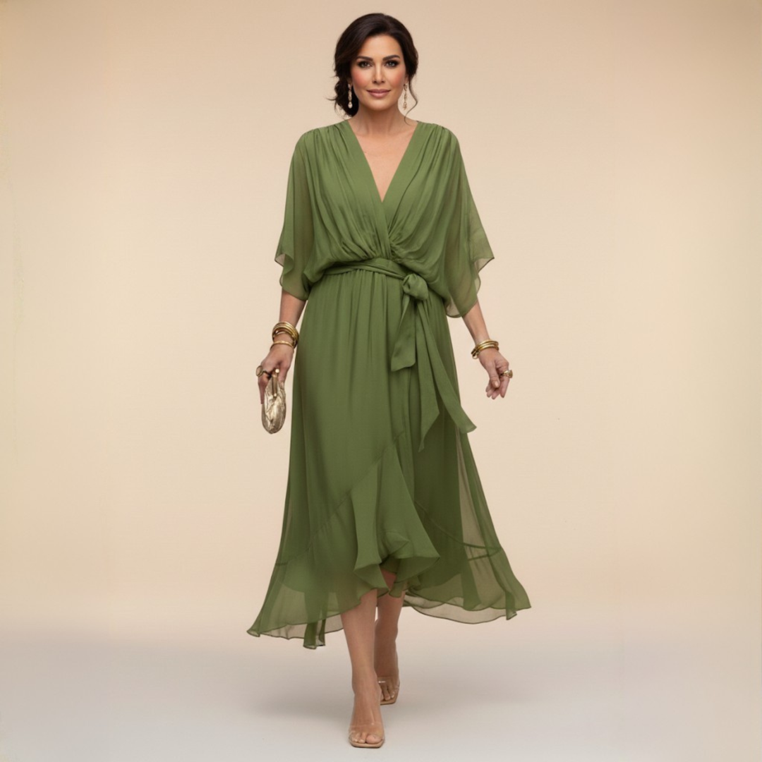 Maxikleid Damen grün figurbetont mit V-Ausschnitt und Schärpe - 1 - Atelier-Zofia