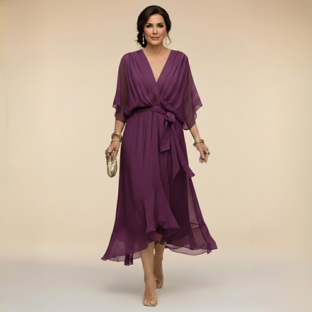 Maxikleid Damen grün figurbetont mit V-Ausschnitt und Schärpe - 3 - Atelier-Zofia