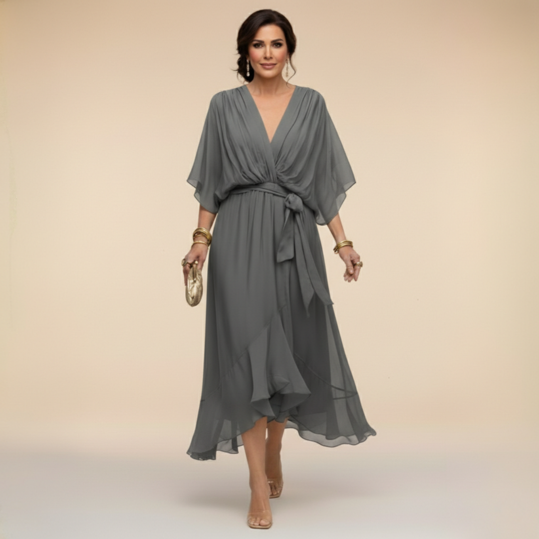 Maxikleid Damen grün figurbetont mit V-Ausschnitt und Schärpe - 4 - Atelier-Zofia