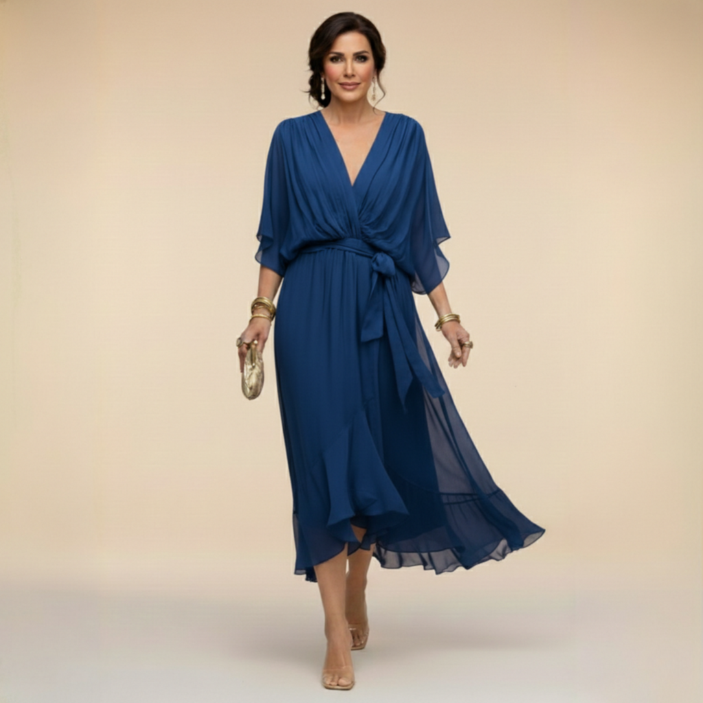 Maxikleid Damen grün figurbetont mit V-Ausschnitt und Schärpe - 6 - Atelier-Zofia