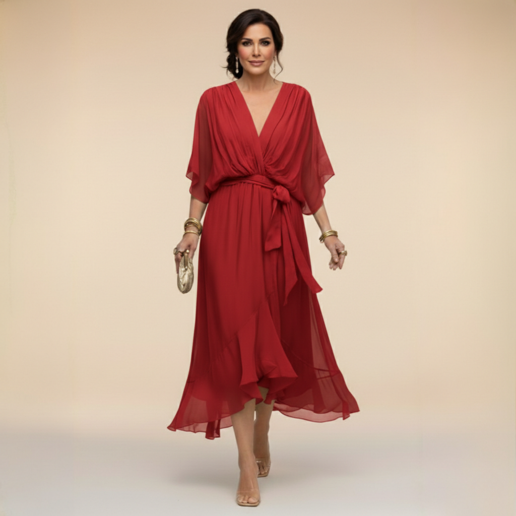 Maxikleid Damen grün figurbetont mit V-Ausschnitt und Schärpe - 7 - Atelier-Zofia
