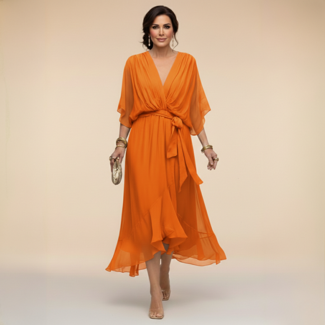 Maxikleid Damen grün figurbetont mit V-Ausschnitt und Schärpe - 8 - Atelier-Zofia