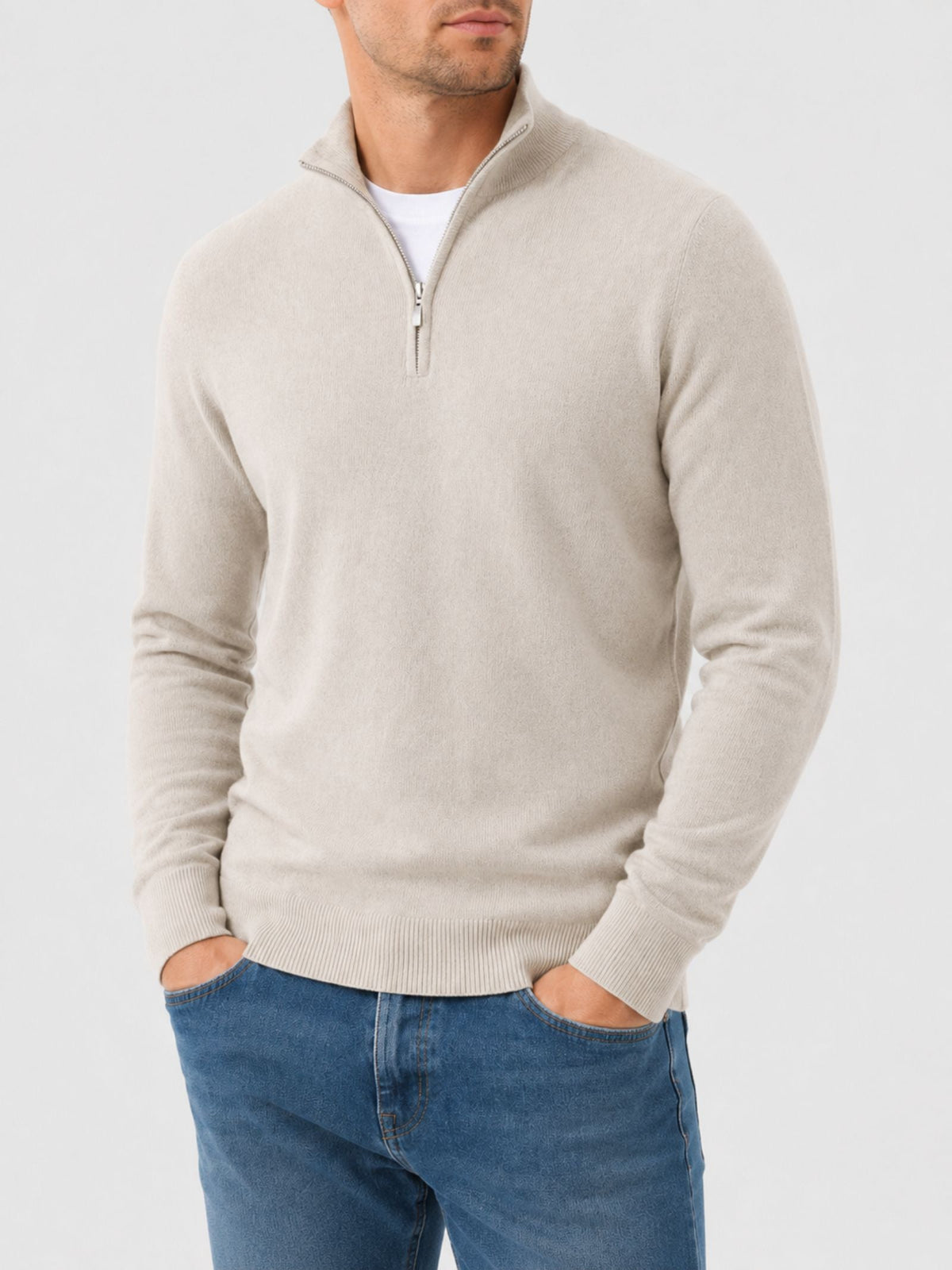 Pullover Herren beige figurbetont mit Halbzip-Kragen - 1 - Atelier-Zofia