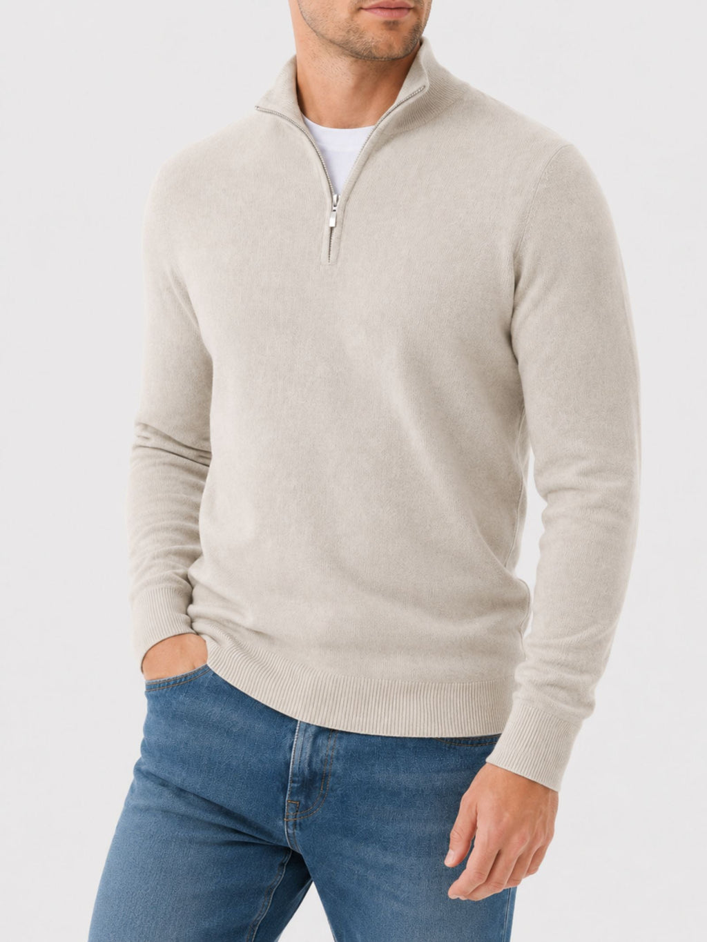 Pullover Herren beige figurbetont mit Halbzip-Kragen - 2 - Atelier-Zofia