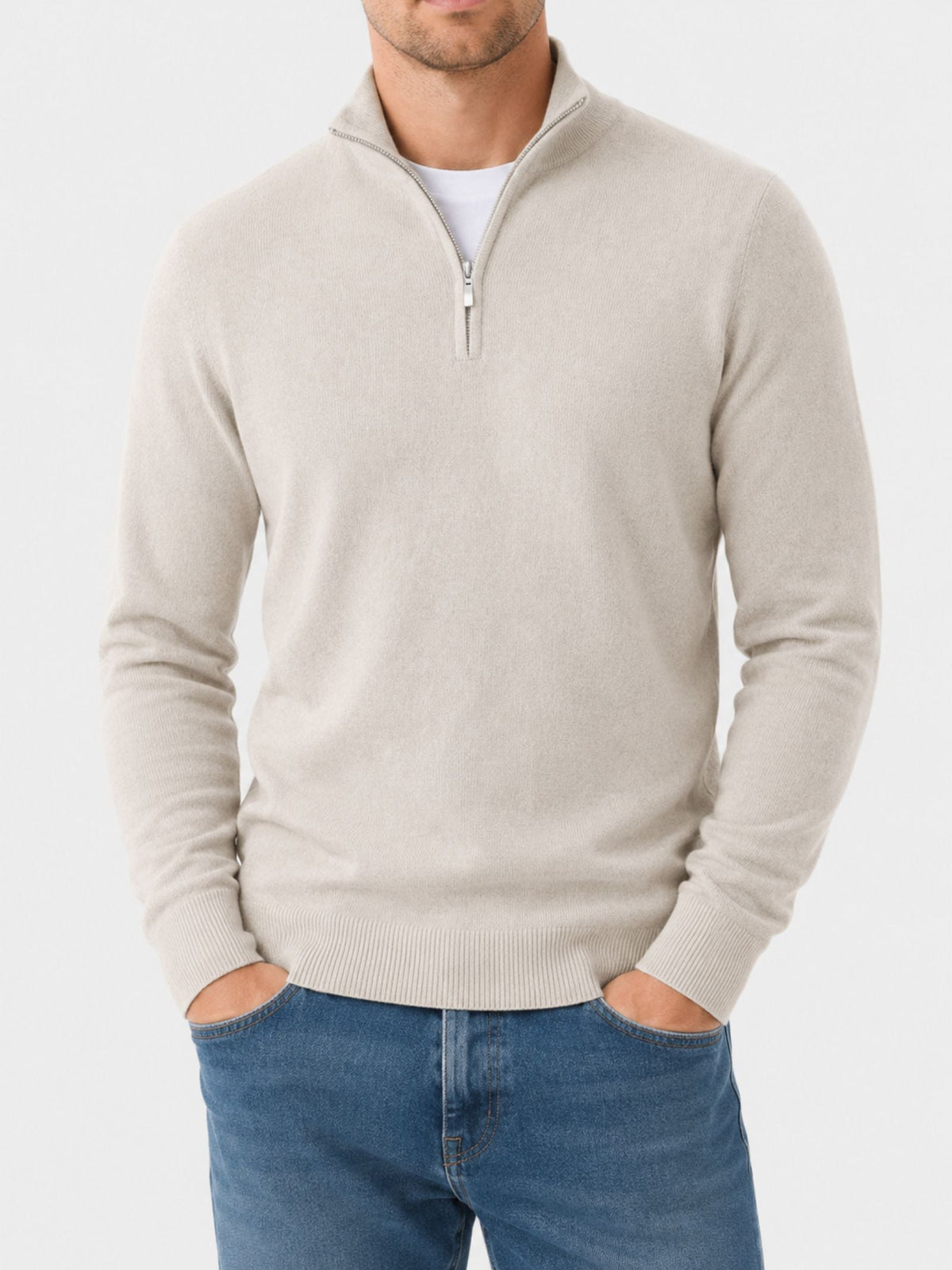Pullover Herren beige figurbetont mit Halbzip-Kragen - 3 - Atelier-Zofia