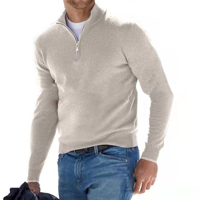 Pullover Herren beige figurbetont mit Halbzip-Kragen - 9 - Atelier-Zofia