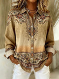 Bluse Damen beige mit floralem Muster und Knopfverschluss - 1 - Atelier-Zofia