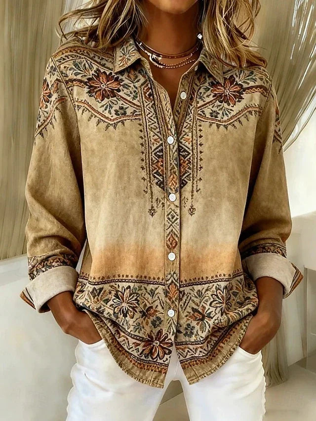 Bluse Damen beige mit floralem Muster und Knopfverschluss - 1 - Atelier-Zofia