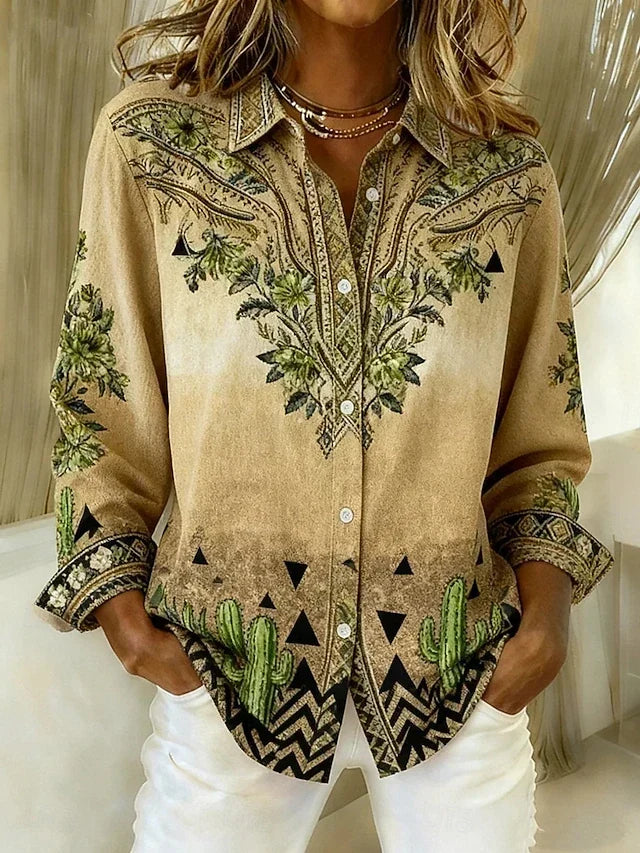 Bluse Damen beige tailliert mit floralem Print und Knopfverschluss - 1 - Atelier-Zofia