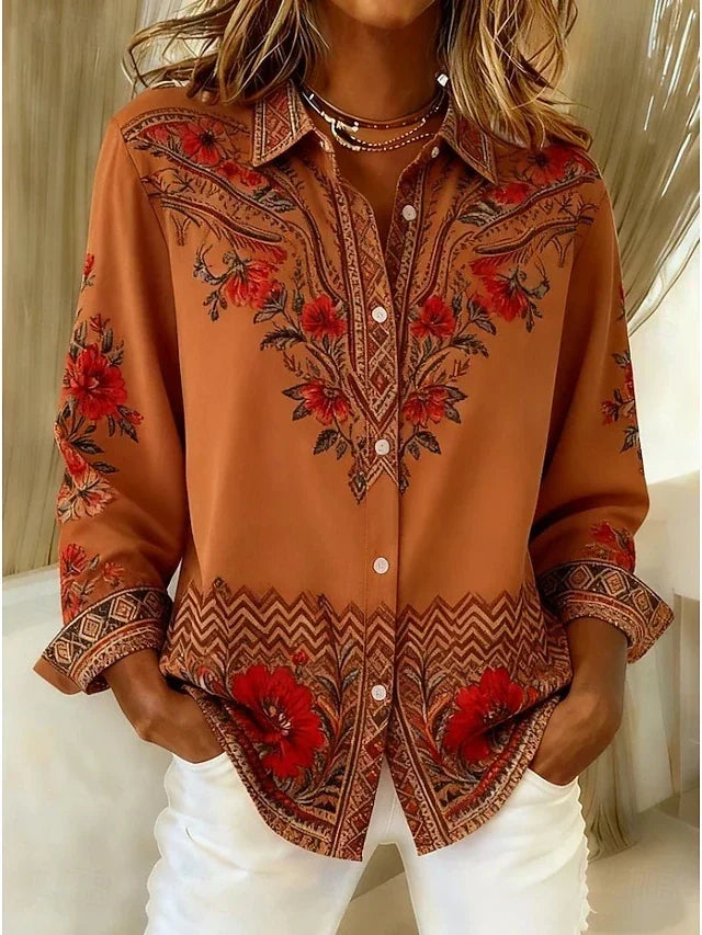 Bluse Damen terrakotta figurbetont mit floralem Muster - 1 - Atelier-Zofia