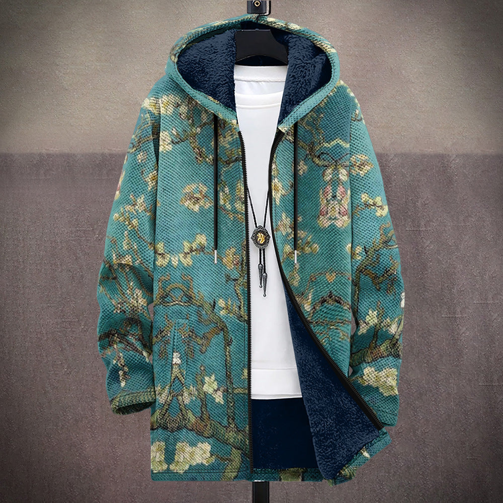 Jacke Herren blau mit Kapuze und floralem Muster - 1 - Atelier-Zofia