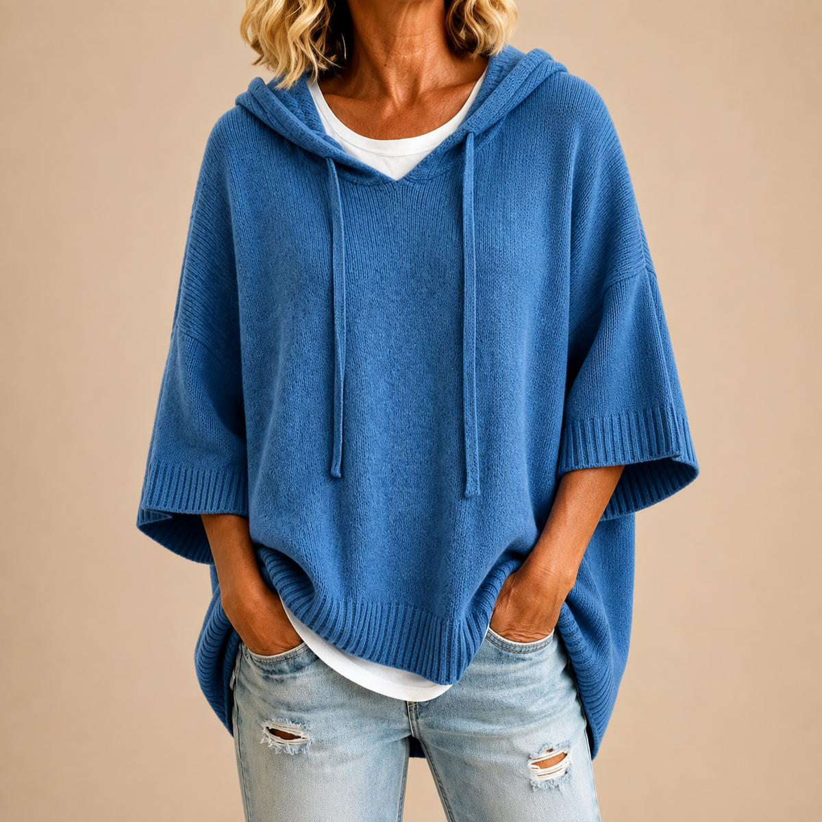Pullover Damen blau oversized mit Kapuze - 1 - Atelier-Zofia