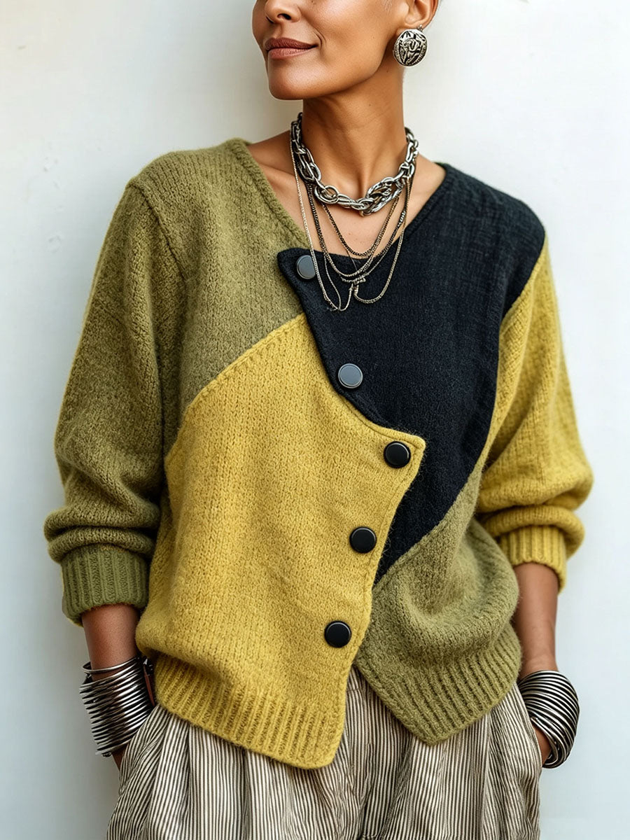 Pullover Damen grün-gelb tailliert mit Knopfverschluss - 1 - Atelier-Zofia