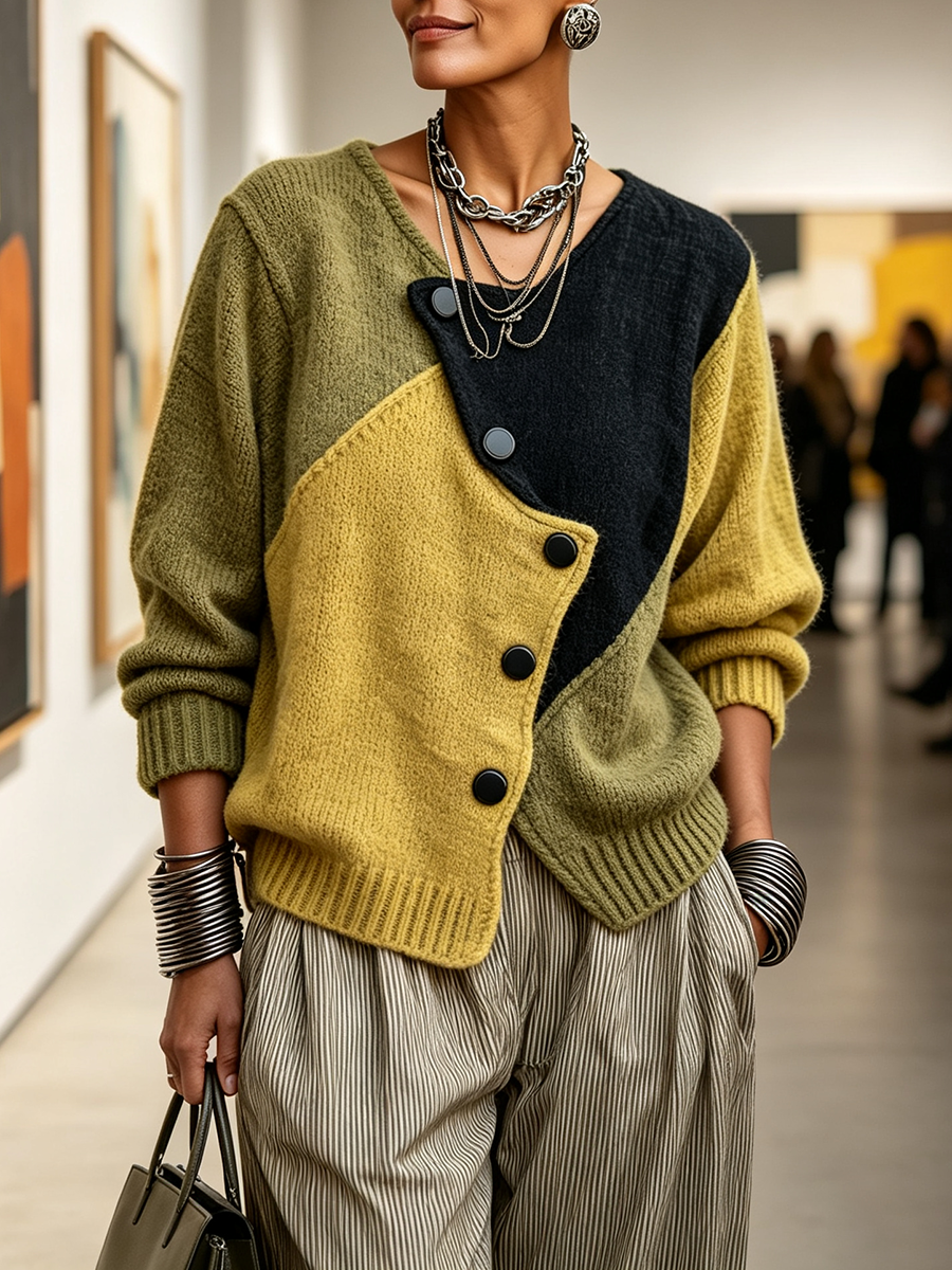 Pullover Damen grün-gelb tailliert mit Knopfverschluss - 2 - Atelier-Zofia
