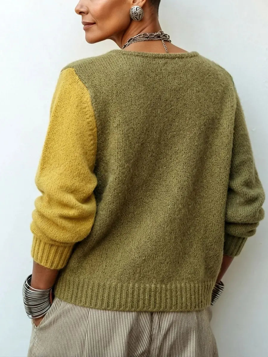 Pullover Damen grün-gelb tailliert mit Knopfverschluss - 3 - Atelier-Zofia