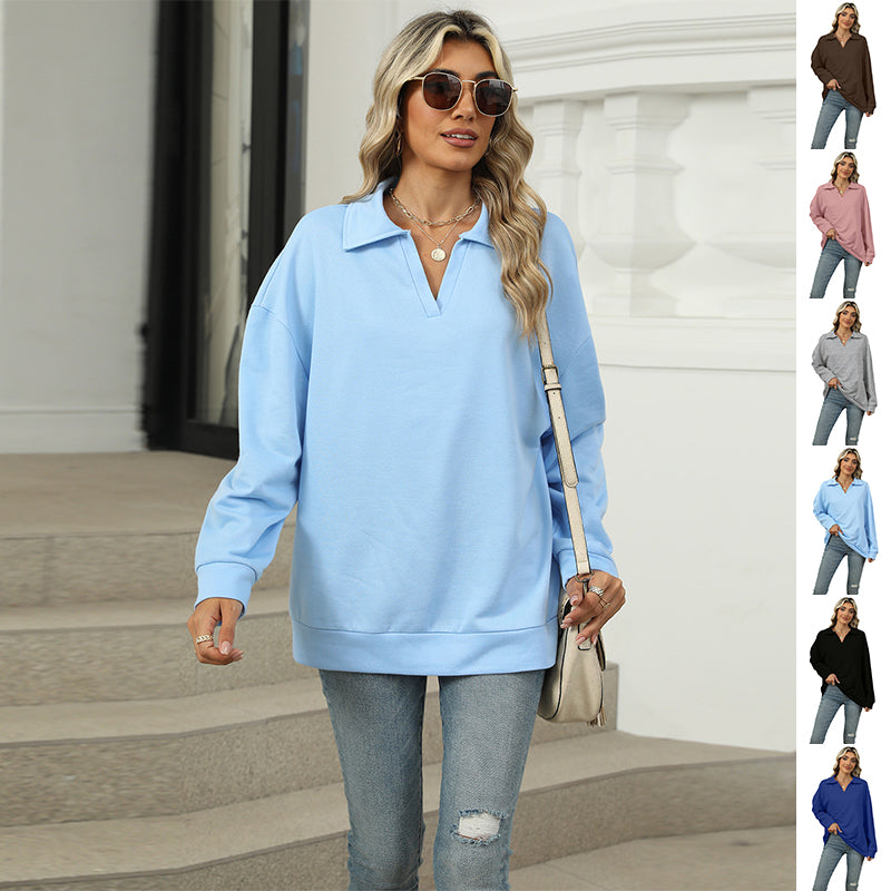 Damen Sweatshirt im lockeren Schnitt mit stylischem V-Ausschnitt und Revers - 4 - Atelier-Zofia