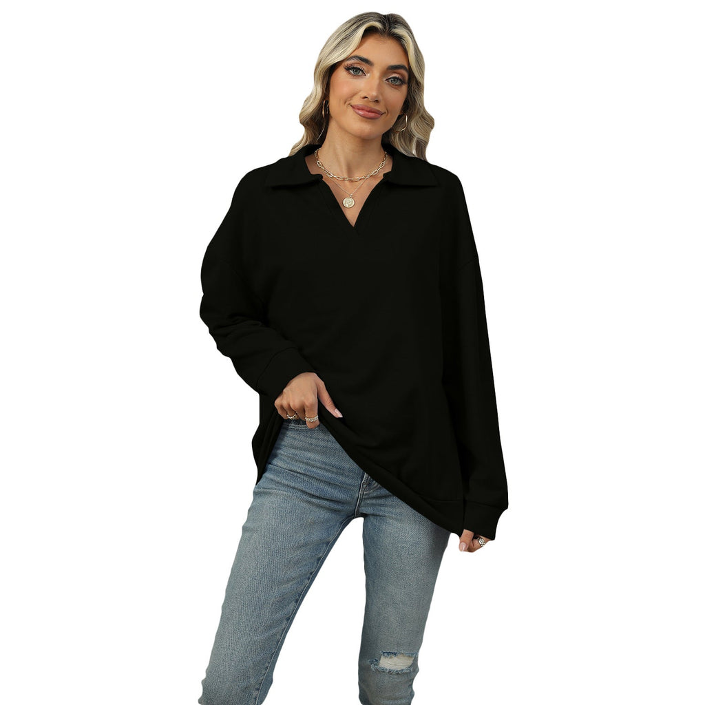 Damen Sweatshirt im lockeren Schnitt mit stylischem V-Ausschnitt und Revers - 7 - Atelier-Zofia