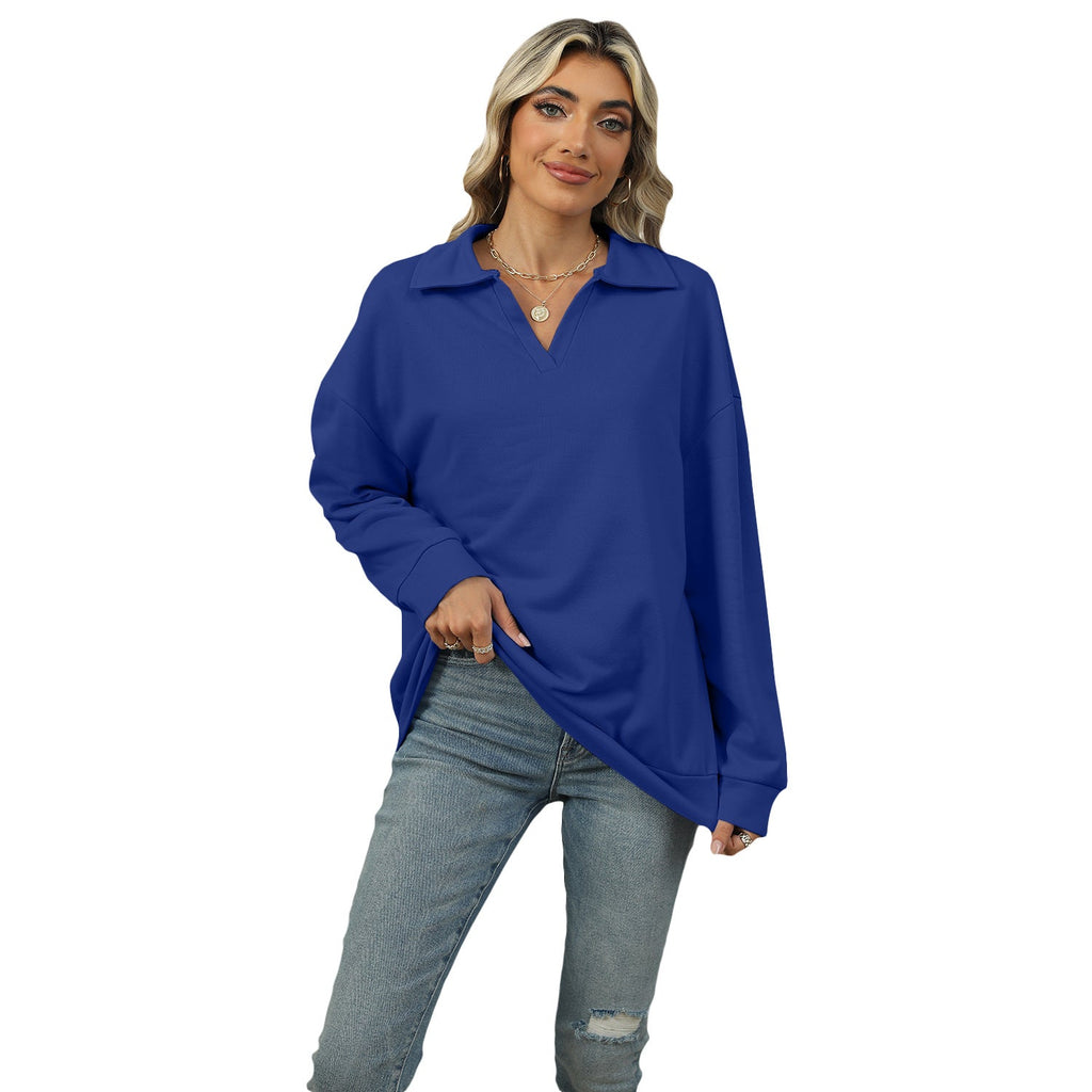 Damen Sweatshirt im lockeren Schnitt mit stylischem V-Ausschnitt und Revers - 8 - Atelier-Zofia