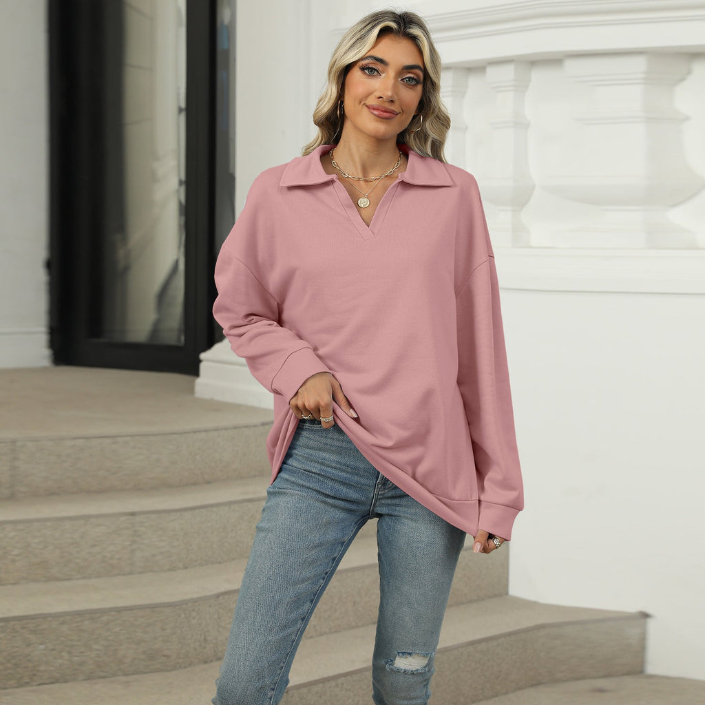 Damen Sweatshirt im lockeren Schnitt mit stylischem V-Ausschnitt und Revers - 9 - Atelier-Zofia