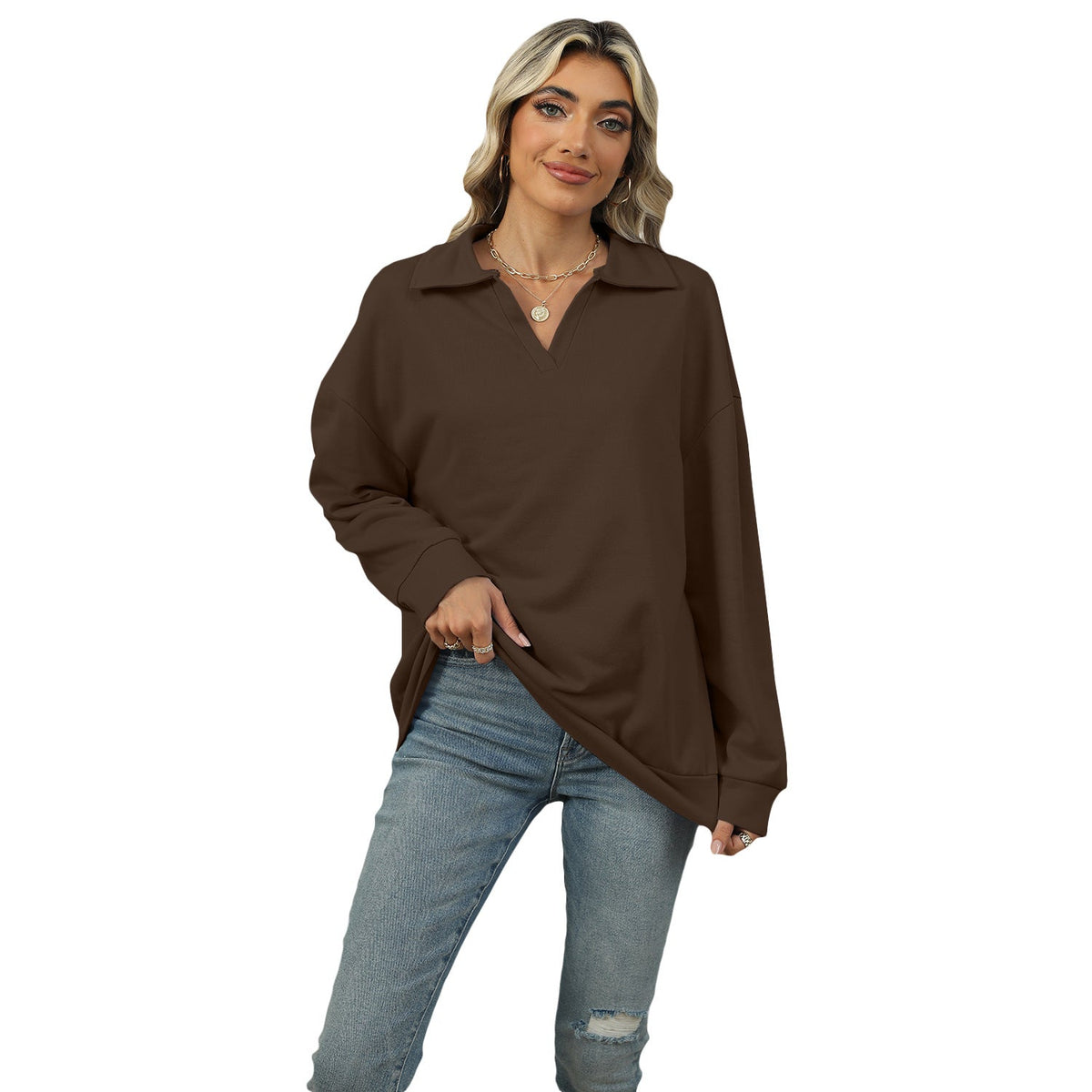 Damen Sweatshirt im lockeren Schnitt mit stylischem V-Ausschnitt und Revers - 12 - Atelier-Zofia