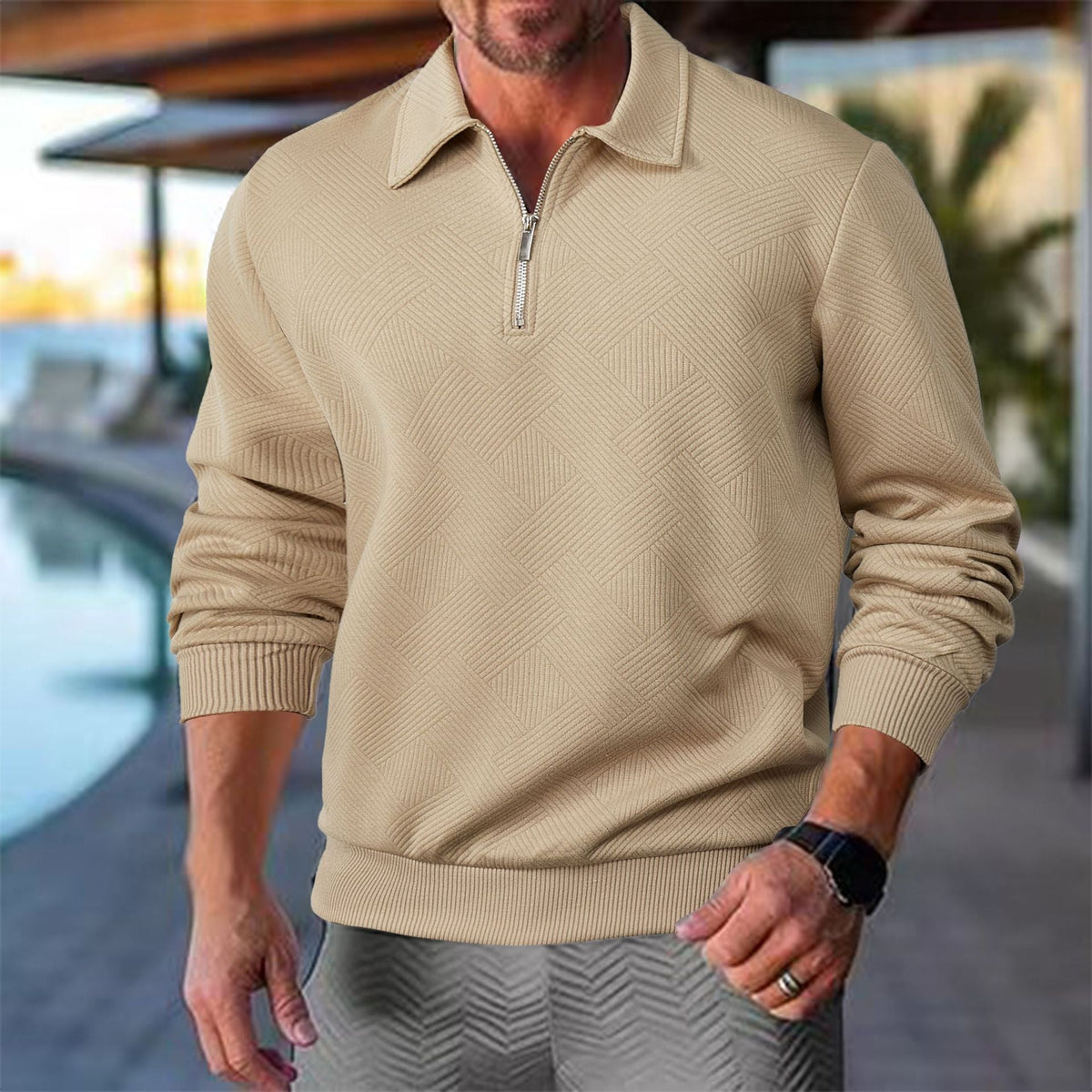 Herren Sweatshirt mit Halb-Zip und modernem Jacquard-Muster - 13 - Atelier-Zofia