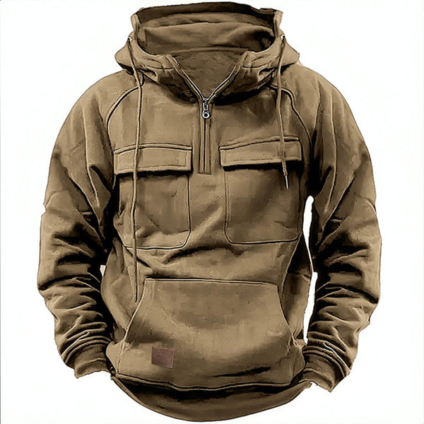 Bequemer Herren Hoodie mit funktionalen Taschen und kurzem Reißverschluss - 1 - Atelier-Zofia
