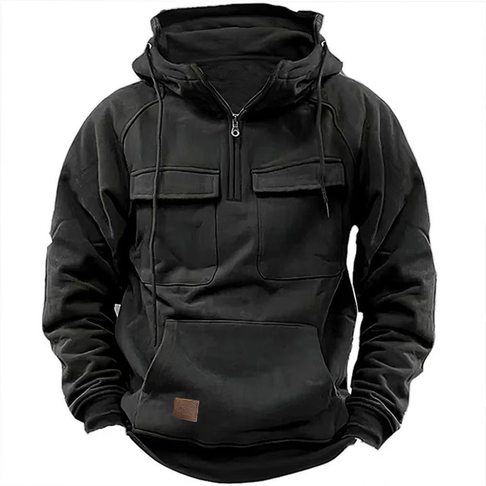 Bequemer Herren Hoodie mit funktionalen Taschen und kurzem Reißverschluss - 2 - Atelier-Zofia