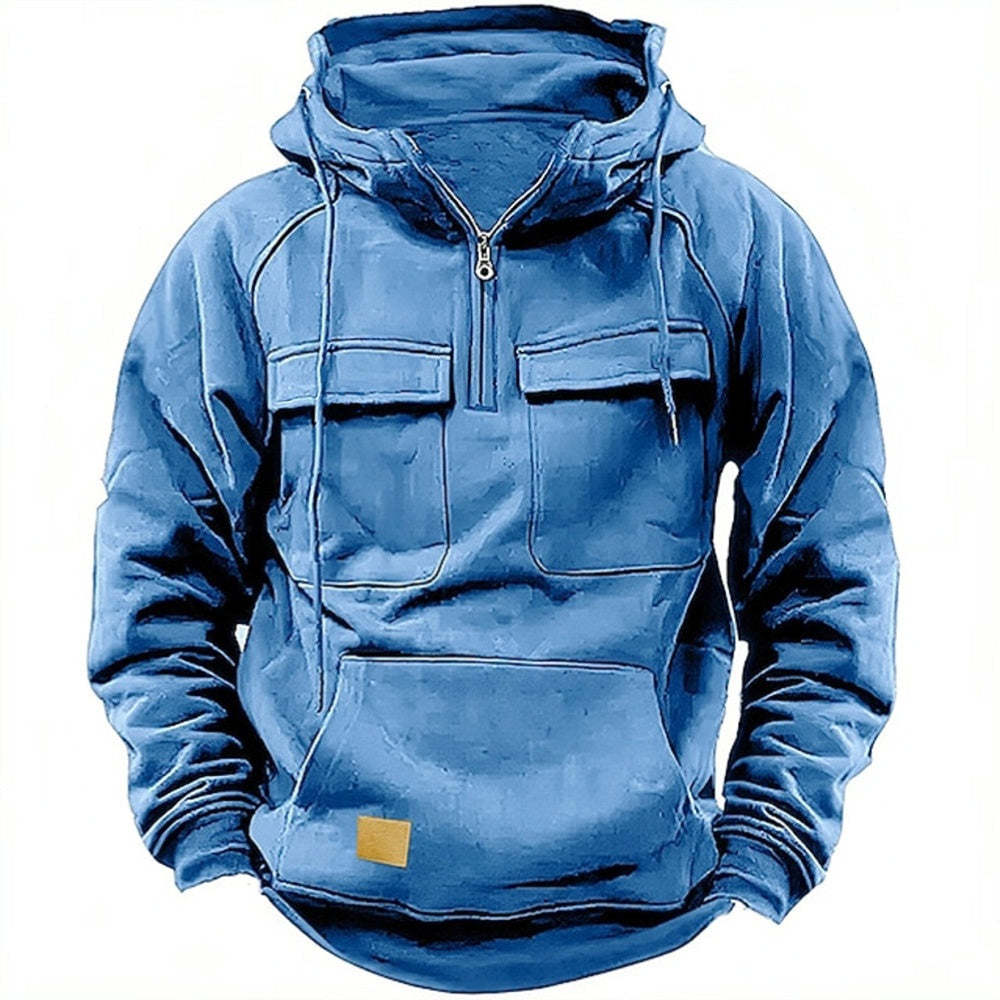Bequemer Herren Hoodie mit funktionalen Taschen und kurzem Reißverschluss - 3 - Atelier-Zofia