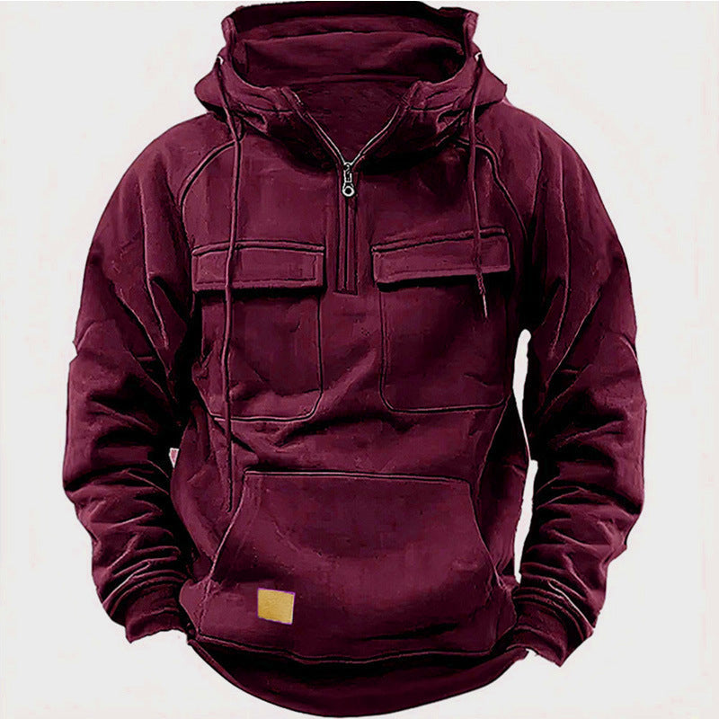 Bequemer Herren Hoodie mit funktionalen Taschen und kurzem Reißverschluss - 4 - Atelier-Zofia