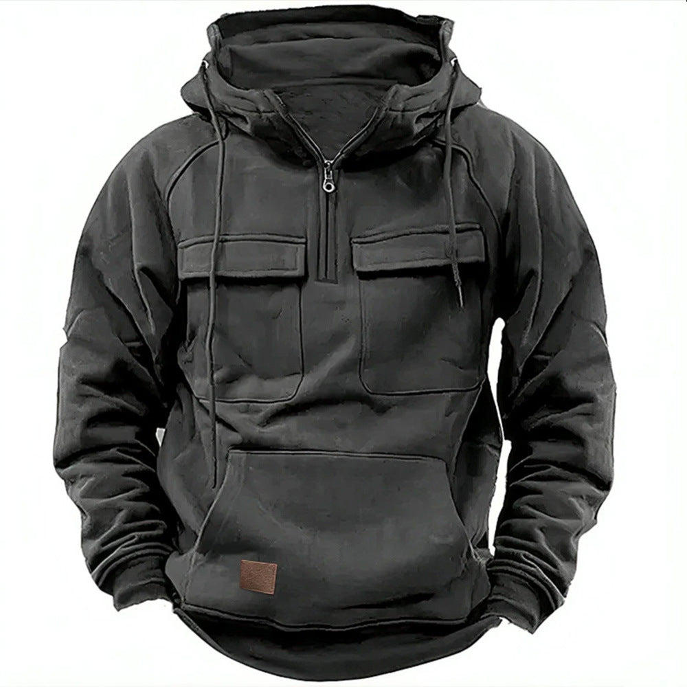 Bequemer Herren Hoodie mit funktionalen Taschen und kurzem Reißverschluss - 5 - Atelier-Zofia