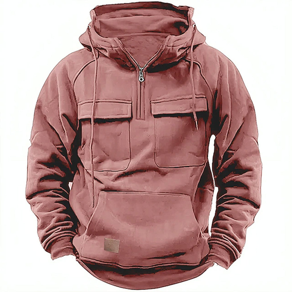 Bequemer Herren Hoodie mit funktionalen Taschen und kurzem Reißverschluss - 6 - Atelier-Zofia