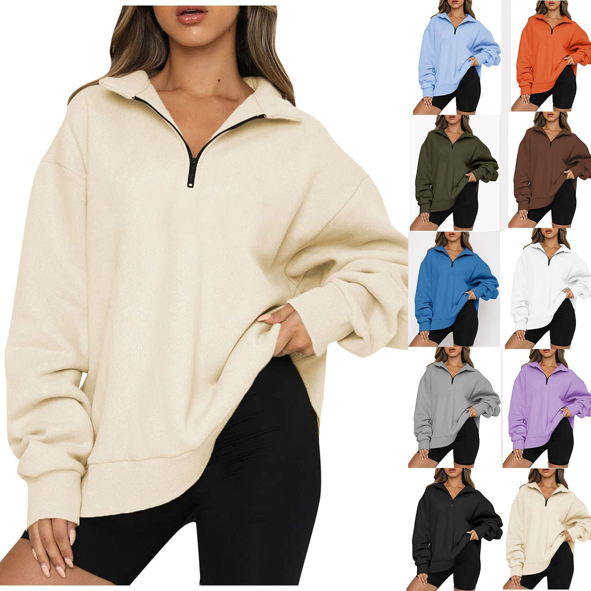 Damen-Sweatshirt im lässigen Stil mit Halbzipper-Kragen - 2 - Atelier-Zofia