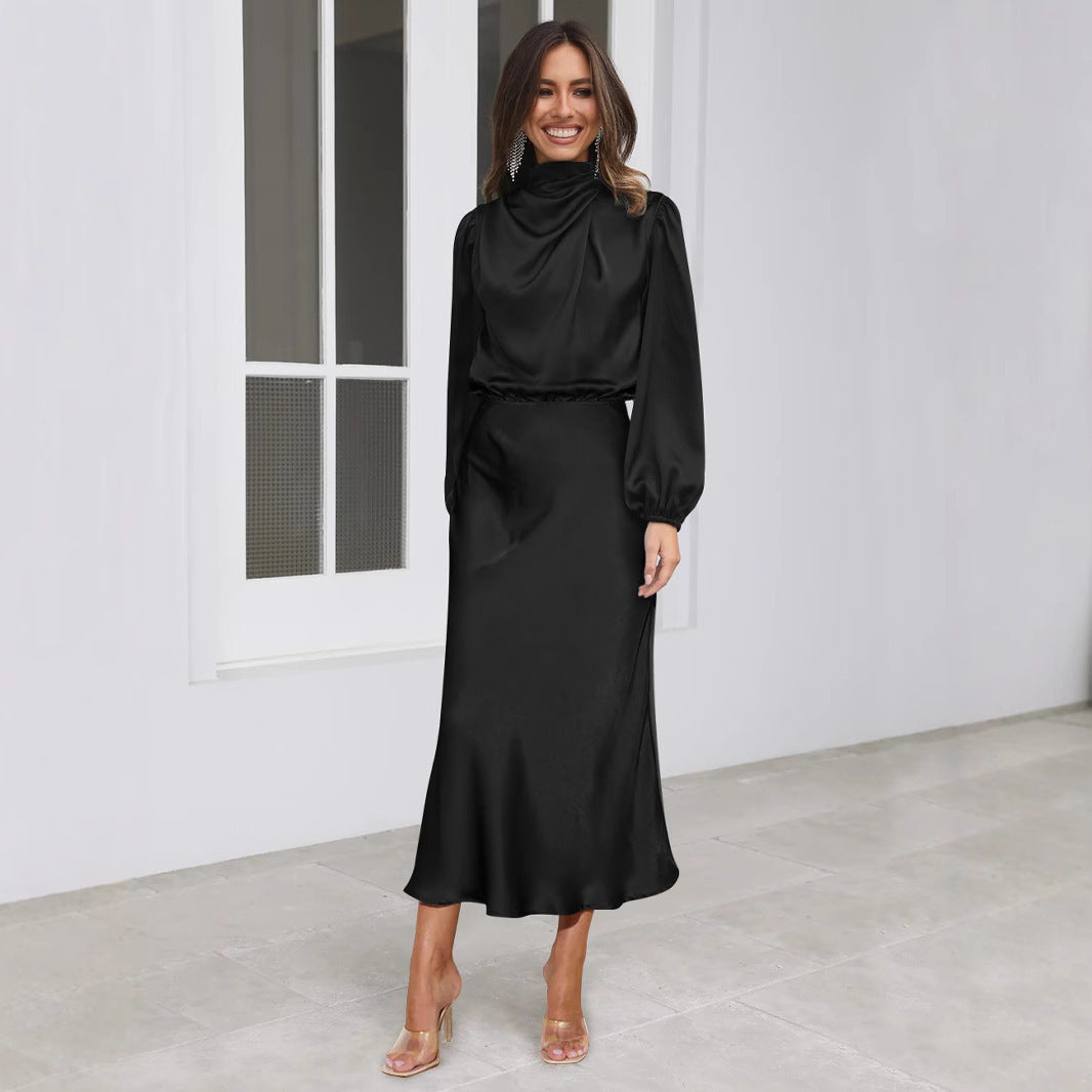 Elegantes Midi Kleid für Damen mit hochgeschlossenem Kragen und langen Ärmeln - 1 - Atelier-Zofia