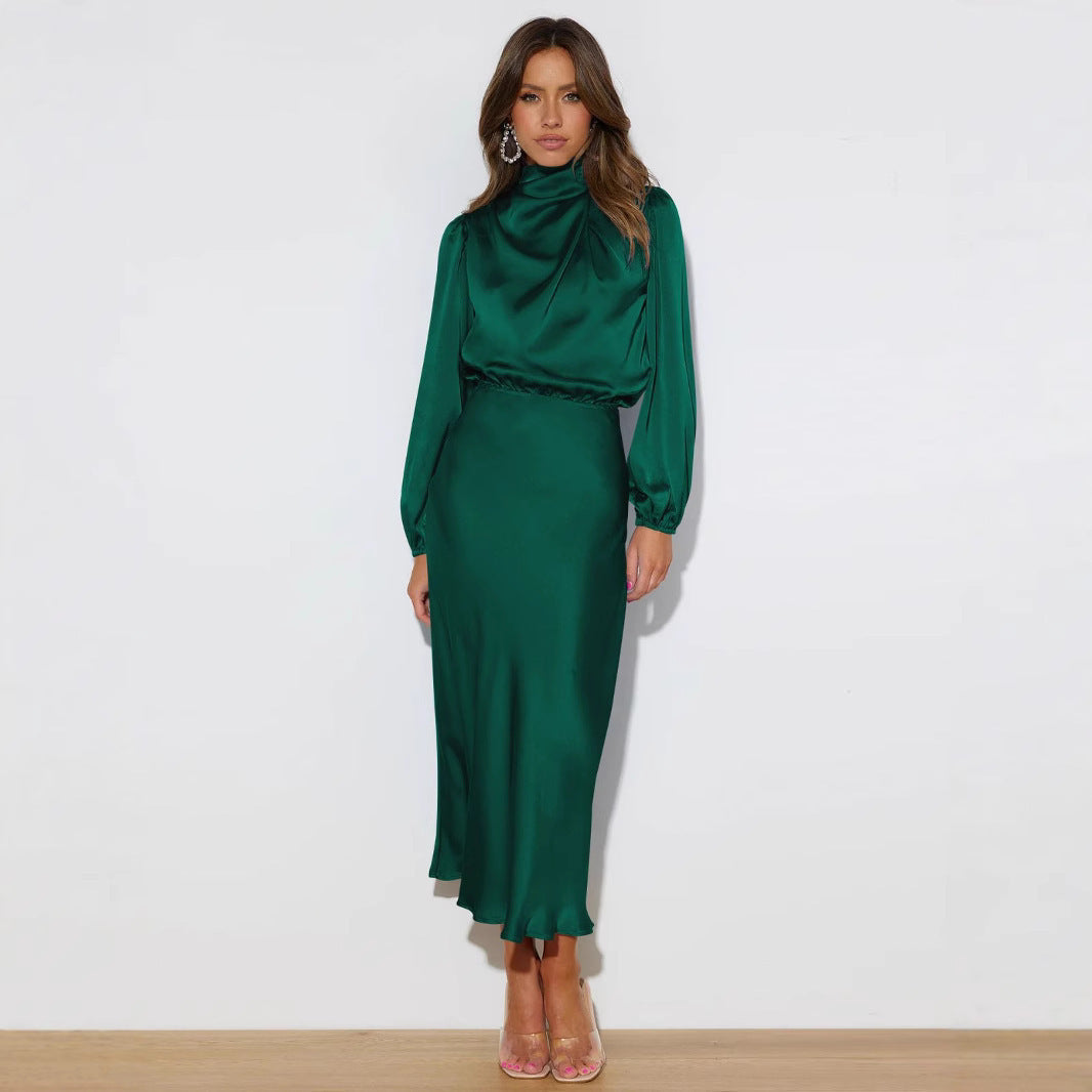 Elegantes Midi Kleid für Damen mit hochgeschlossenem Kragen und langen Ärmeln - 8 - Atelier-Zofia