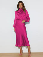 Elegantes Midi Kleid für Damen mit hochgeschlossenem Kragen und langen Ärmeln - 10 - Atelier-Zofia