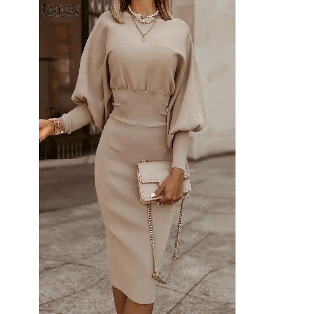 Figurschmeichelndes Bodycon Kleid für Damen mit Puffärmeln und Midi-Länge - 1 - Atelier-Zofia