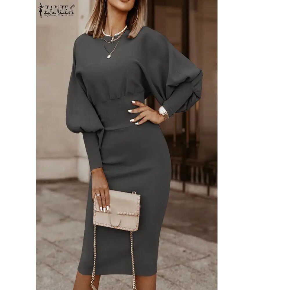 Figurschmeichelndes Bodycon Kleid für Damen mit Puffärmeln und Midi-Länge - 2 - Atelier-Zofia