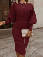 Figurschmeichelndes Bodycon Kleid für Damen mit Puffärmeln und Midi-Länge - 3 - Atelier-Zofia