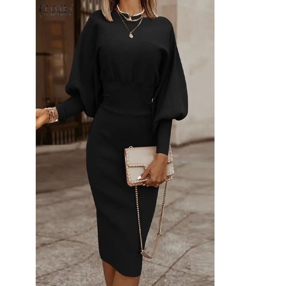 Figurschmeichelndes Bodycon Kleid für Damen mit Puffärmeln und Midi-Länge - 4 - Atelier-Zofia