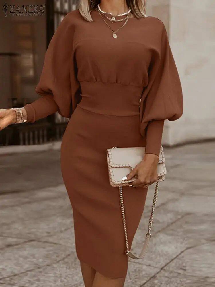 Figurschmeichelndes Bodycon Kleid für Damen mit Puffärmeln und Midi-Länge - 5 - Atelier-Zofia