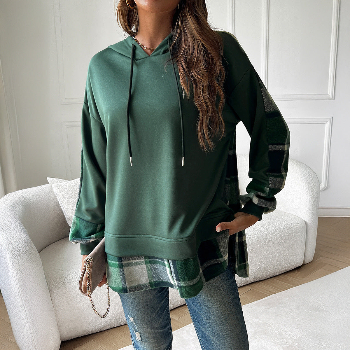 Damen Oversized Kapuzenpullover mit modischem Karomuster - 1 - Atelier-Zofia