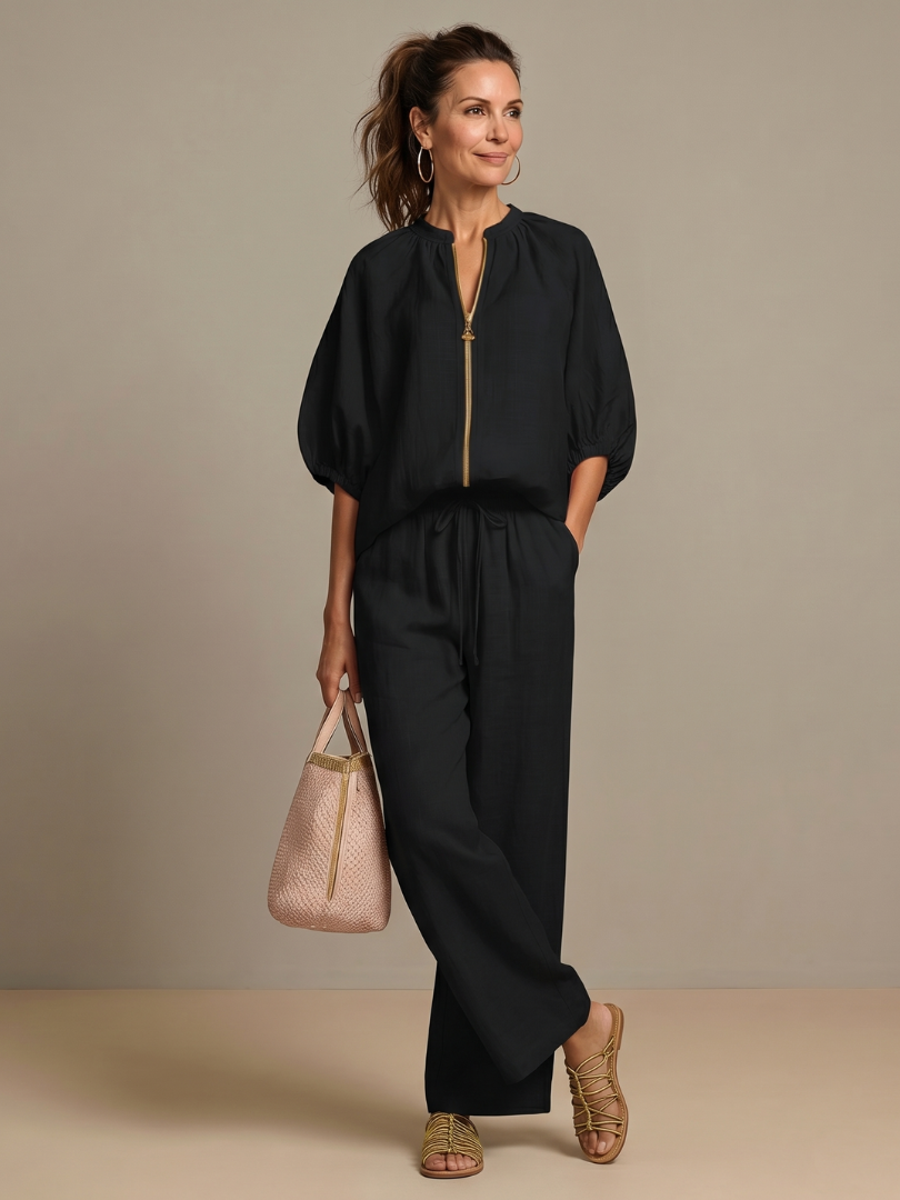 Elegantes Damen Set mit Puffärmeln und Weitbein-Hose - J&B - 18 - Atelier-Zofia
