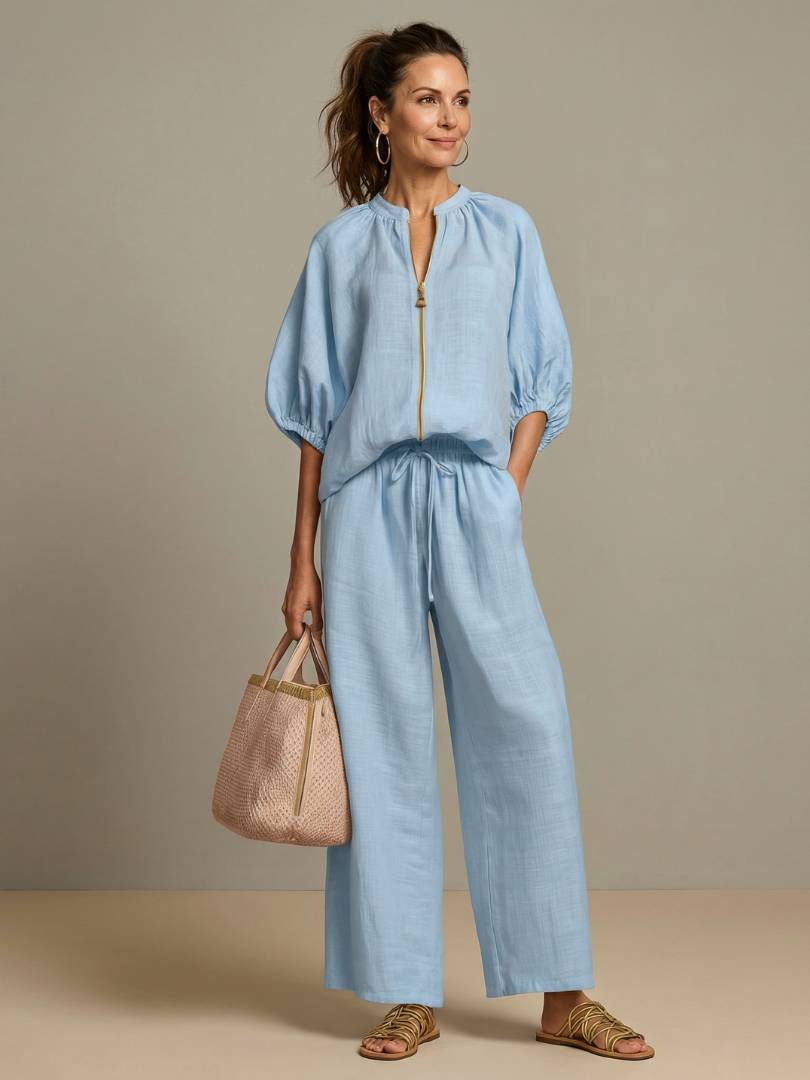 Elegantes Damen Set mit Puffärmeln und Weitbein-Hose - J&B - 1 - Atelier-Zofia