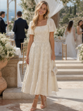 Blumenmuster Midi-Kleid für Damen mit Puffärmeln und elegantem quadratischem Ausschnitt - J&B - 1 - Atelier-Zofia